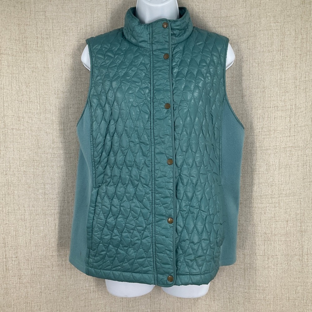 Talbots Quilted Vest Women‎ Large Teal Blue Mock Neck Snap Front Classic